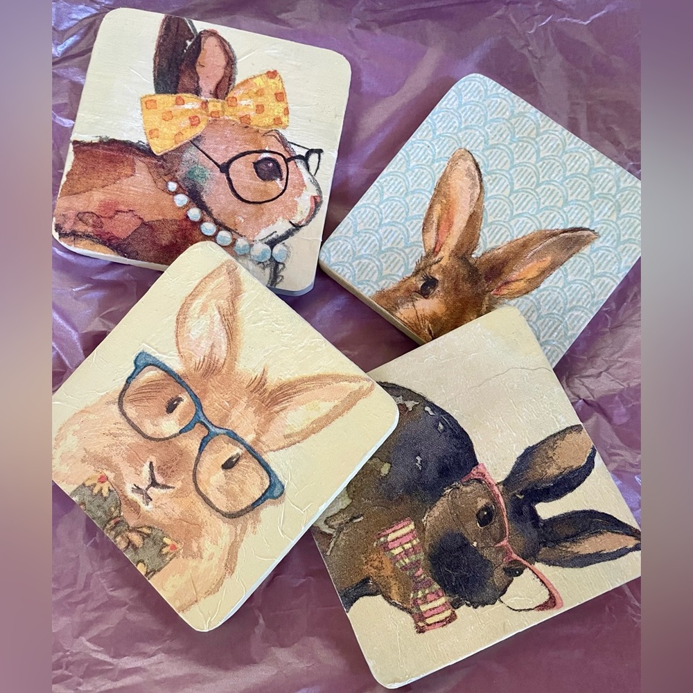 Handmade Bunny/Easter 🐰 inspired wood base Coaster set.